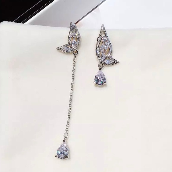 CZ Crystal Drop Butterfly Mismatched Earrings - Picture 3 of 5